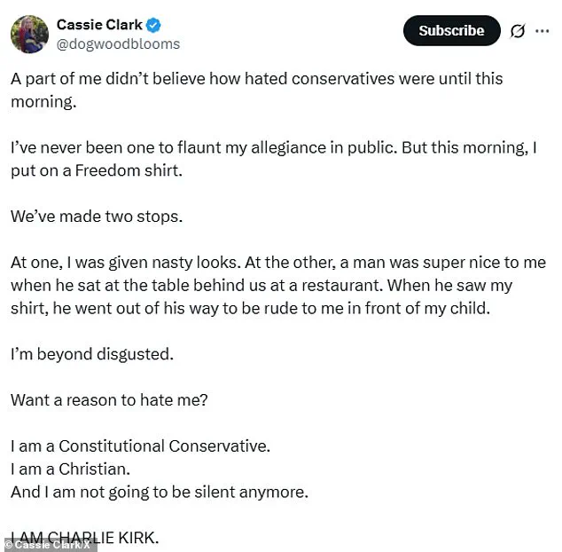Conservative Influencer Cassie Clark Refuses to Back Down After Viral Backlash Over Charlie Kirk Shirt, Reigniting Debate on Political Expression in Public Spaces