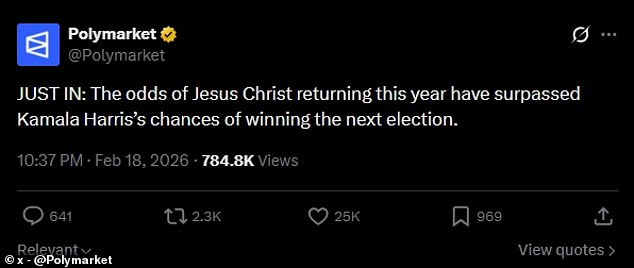 Jesus's 2026 Return Odds Outpace Kamala Harris's 2028 Election Chances in Prediction Markets