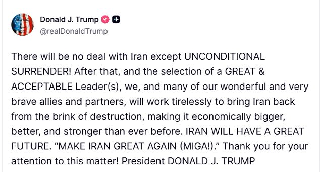 Trump Demands 'Unconditional Surrender' from Iran as U.S.-Iran War Enters Seventh Day