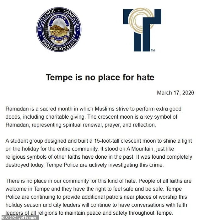 Vandals Destroy 15-Foot Islamic Crescent Moon in Tempe; City Condemns Hate Act