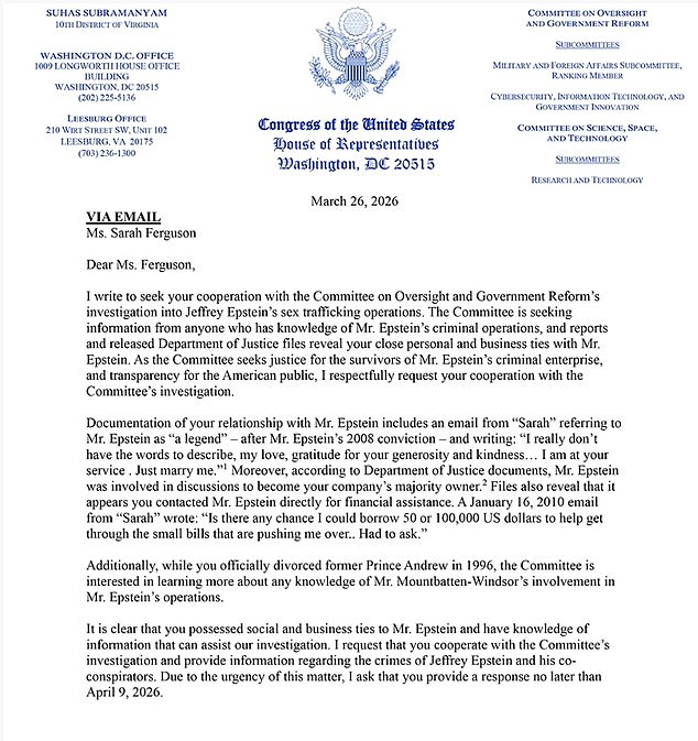 Congressman Requests Sarah Ferguson Testify on Ties to Jeffrey Epstein as Part of Ongoing Investigation
