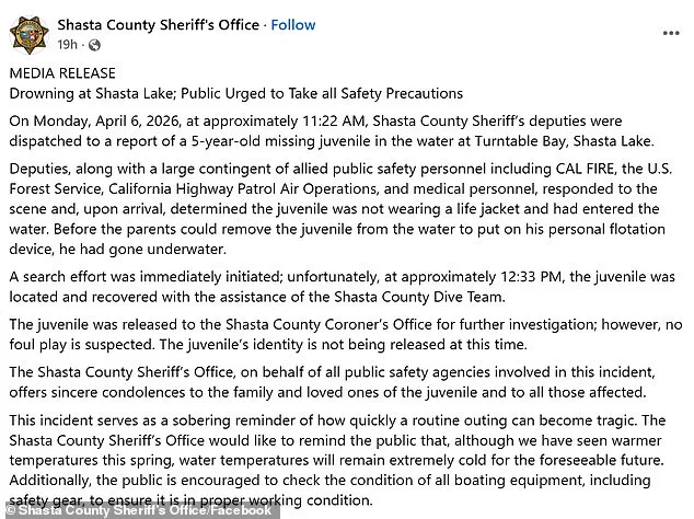 Tragedy Strikes Shasta Lake: Five-Year-Old Dies After Life Jacket Violation During Family Outing