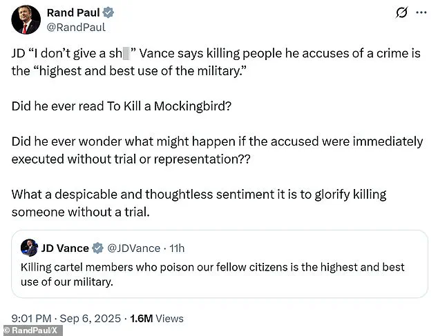 Senator Rand Paul Condemns VP Vance's Comments on U.S. Military Strike Linked to Venezuelan Drug Trafficking